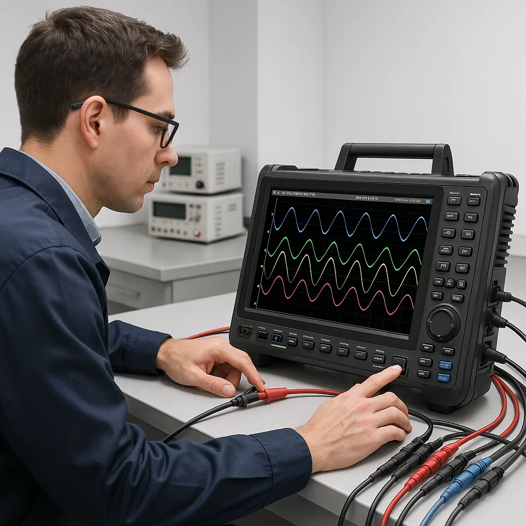 Kỹ sư đang sử dụng Memory HiCorder HIOKI để ghi dạng sóng điện trong phòng thí nghiệm.