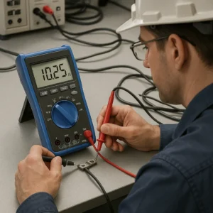 Minh họa kỹ sư đang đo điện trở bằng đồng hồ HIOKI trong phòng thí nghiệm.