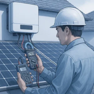 Kỹ sư HIOKI đang đo kiểm hệ thống điện năng lượng mặt trời trên mái nhà dân dụng.