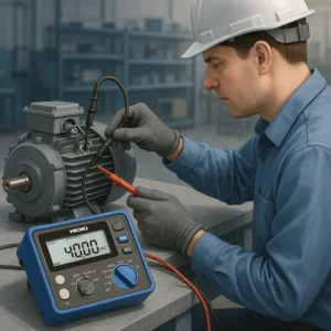 Kỹ sư đang sử dụng thiết bị HIOKI IR4058 để đo điện trở cách điện của động cơ điện trong nhà xưởng.