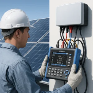 Kỹ sư đang sử dụng thiết bị HIOKI PW3360 để đo hiệu suất hệ thống điện mặt trời tại mái nhà dân dụng