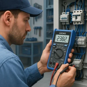 Kỹ sư đang sử dụng đồng hồ vạn năng HIOKI DT4256 để đo điện áp trên bảng điều khiển điện.