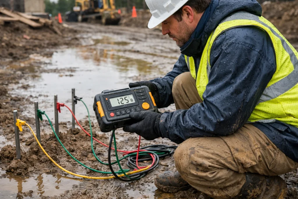 Đo điện trở đất tại công trường ngoài trời sau mưa với thiết bị chuẩn IP67