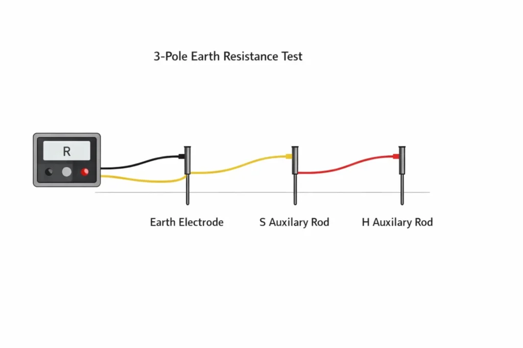 Sơ đồ đo điện trở đất 3 cực với các cọc E, S, H theo một đường thẳng