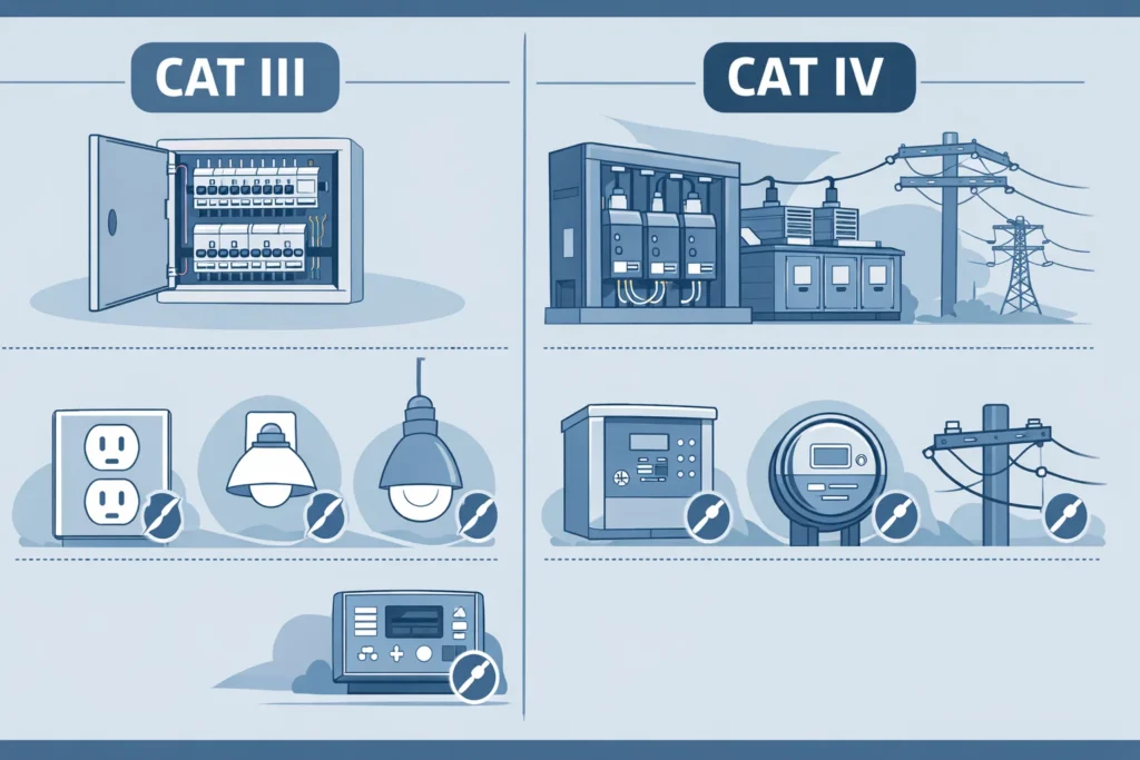 Minh họa tiêu chuẩn an toàn CAT III CAT IV cho đồng hồ vạn năng công nghiệp