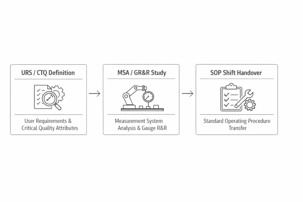 Sơ đồ triển khai RM3542C theo quy trình URS–MSA/GR&R–SOP để giảm false fail