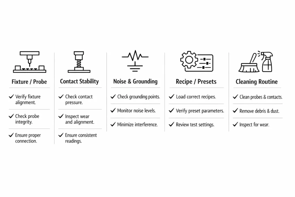 Checklist giảm false fail: đồ gá, tiếp xúc, nhiễu, recipe và vệ sinh probe