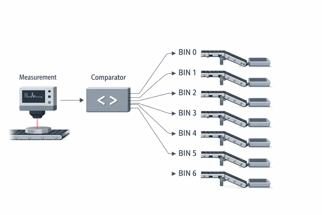 Minh họa BIN grading: map BIN ra các luồng phân loại trên băng tải